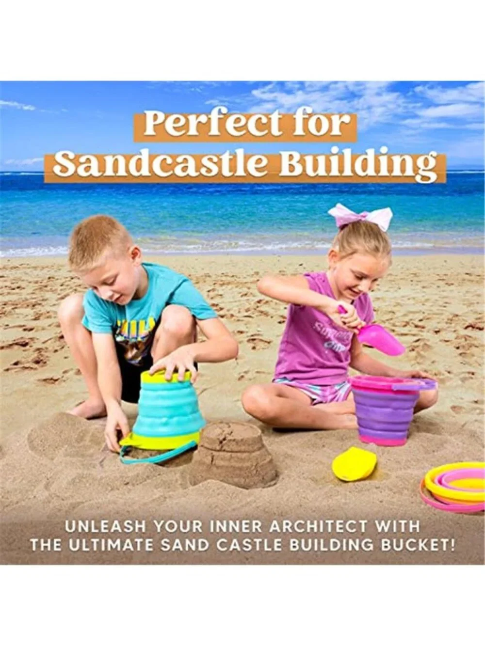 Foldable Beach Bucket Set - 3 Packs Collapsible Toy Buckets with Shovels